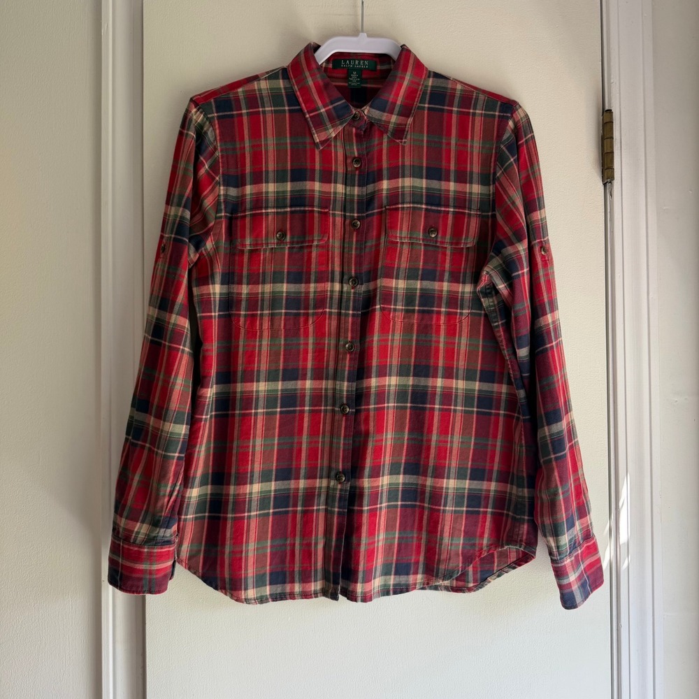 Lauren Ralph Lauren Red Plaid Roll Tab Button Down Shirt Womens Medium